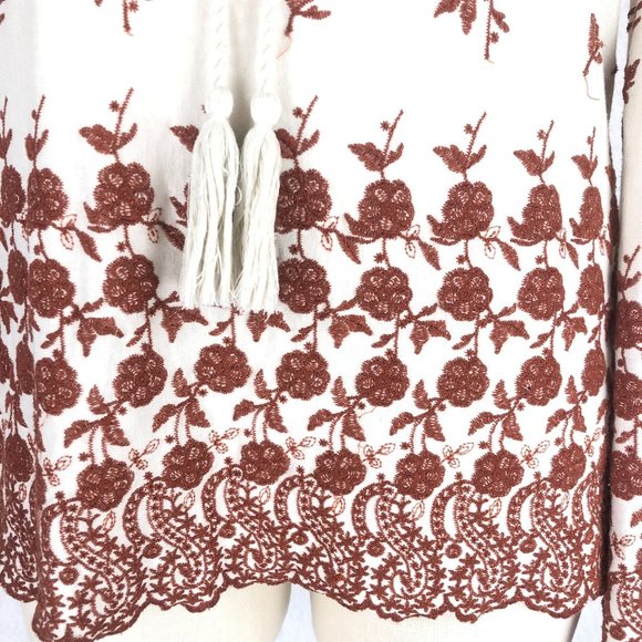 Fever Women's Size XS Boho Cream Burnt Orange Embroidered Tassel Tie Top Blouse - Picture 6 of 10